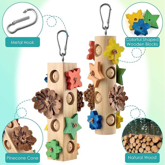 DBNESS Bird Toys for Parrot, 2 Pcs Hanging Colorful Wood Blocks Pinecones Parakeet Chew Foraging Toy for Beak-Grinding, Cage Accessories for Small to Medium Budgies, Cockatiels, Caiques, Conures