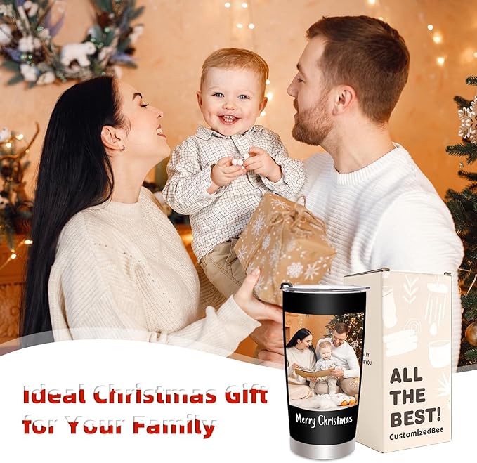 Personalized Tumbler with Picture Text Name, 20oz Stainless Steel Custom Mug Coffee Tumbler With Lid Straw, Birthday Gifts for Women Men, Customized Gifts for Christmas Anniversary Thanksgiving