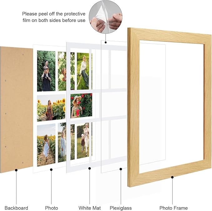 13x17 Picture Frame Display 8 opening 4X6 Picture Frame Collage,Multi Photo Frame with Mat,Plexiglass,Wall or Tabletop Decor,Natural Wood Grain