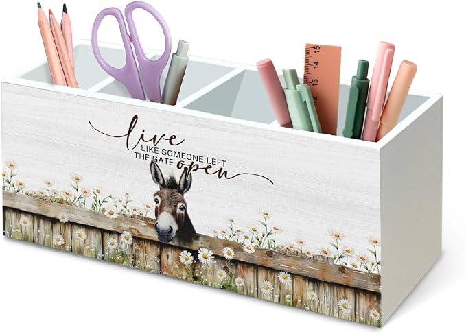 DILSJ Rustic Farmhouse Donkey 4 Compartment Pen Pencil Holder for Desk | Donkey Gifts, Live Like Someone Left the Gate Open Wooden Box Signs Organizer for Home Office Desk Tabletop Decoration
