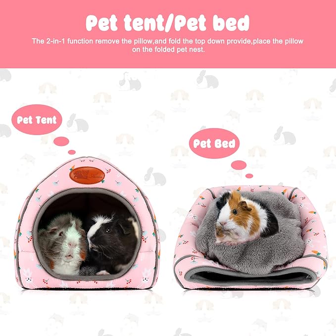 BWOGUE Guinea Pig Bed Large Hide-Out Cozy House Bed for Rabbits Ferret Chinchilla Bearded Dragon Winter Warm Cage Nest Hamster Accessories Cute Bunny and Carrot Pattern | Removable Cushion for Cleaning, Warm Fleece Nest, Washable Bed, 10.6 x 10.6x 11 i...