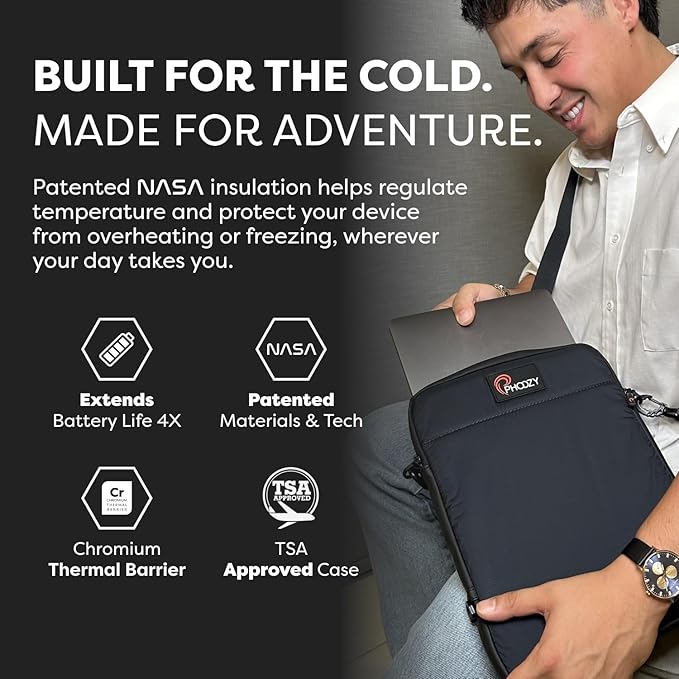 PHOOZY Insulated Thermal Sleeve for Laptops, iPads, MacBooks & Similar Sized Tablets or Laptops up to 16" - Patented NASA Thermal Technology Extends Battery Life in The Cold (Black)