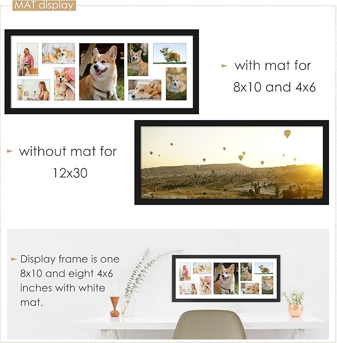 12x30 Collage Picture Frame Displays One 8x10 inch Photos and Eight 4x6 photos Collage Available Horizontal Wall Mounting Display and Vertical Black