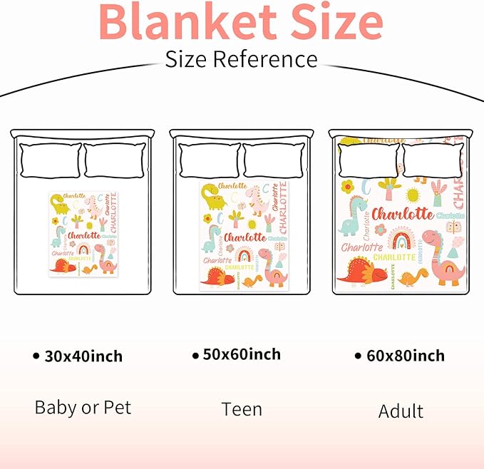 Personalized Dinosaur Blanket with Name for Girl, Custom Kids, Soft Flannel Pink Toddler Customized Gift Birthday Christmas Baby Shower Children Day, 40''x50'' child