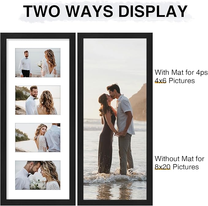 Vittanly 8x20 Collage Picture Frame, Displays 4Pcs 4x6 Pictures with Mat or 1Pcs 8x20 without Mat, Picture Frames Collage Wall Decor for Horizontal or Vertical Display, Black, 1 Pack