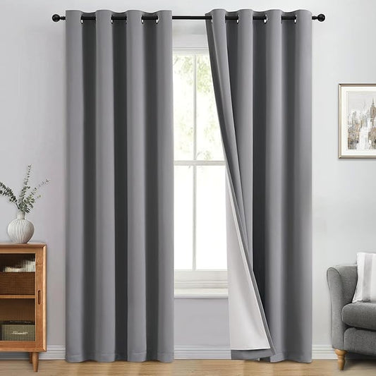 Yakamok 100% Blackout Curtain Panels 96 inches Cold and Light Blocking Drapes for Nursery, 2 Thick Layers Thermal Insulated Draperies (2 Pieces, 50 Wide Each Panel, Grey Front with White Backing)