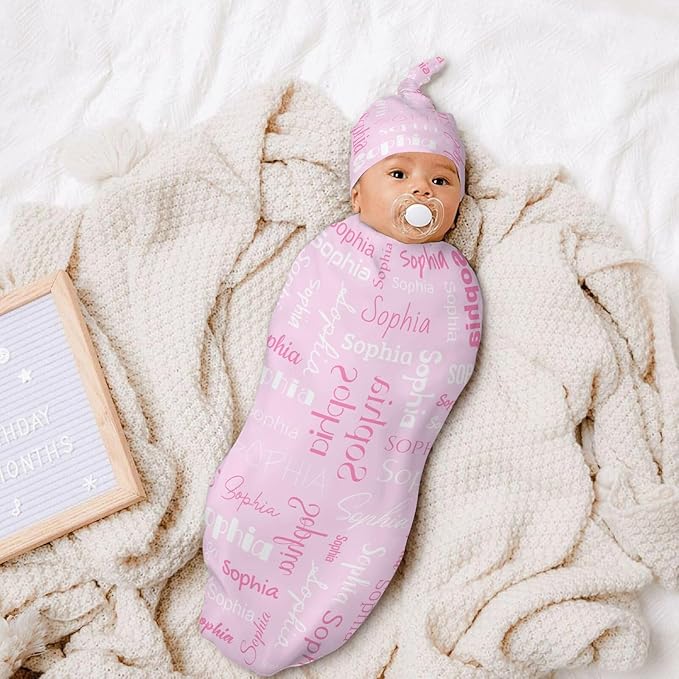 Swaddle Blanket with Hat Set Newborn Name Lettering Pink Receiving Blankets Baby Swaddle Wrap Soft Sleep Sack for Baby Boys and Girls