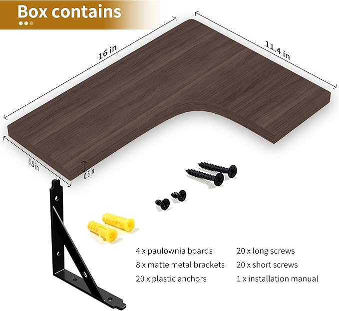 ROMGUAR CRAFT Corner Floating Shelves Wall Mounted Set of 4, Rustic Wood Storage Display Wall Shelves for Home Decor, Bathroom, Kitchen, Bedroom, Living Room, Office (Brown)