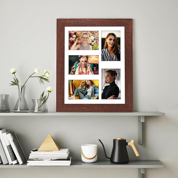 11x14 Picture Frame Display 5 opening 4X6 Picture Frame Collage,Multi Photo Frame with Mat,Plexiglass,Wall or Tabletop Decor,Walnut Wood Grain
