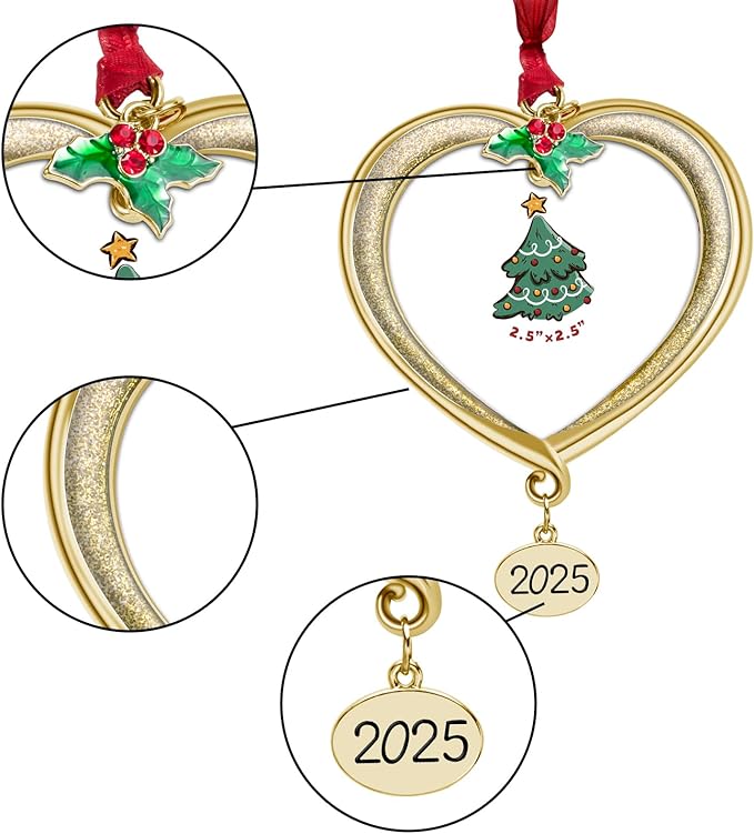 Christmas Tree Ornament Picture Frame Metal Hanging Pendant Holiday 2.5" Photo Frame Charm Decorative of Pets, Baby First Christmas, Family (2025 Golden)