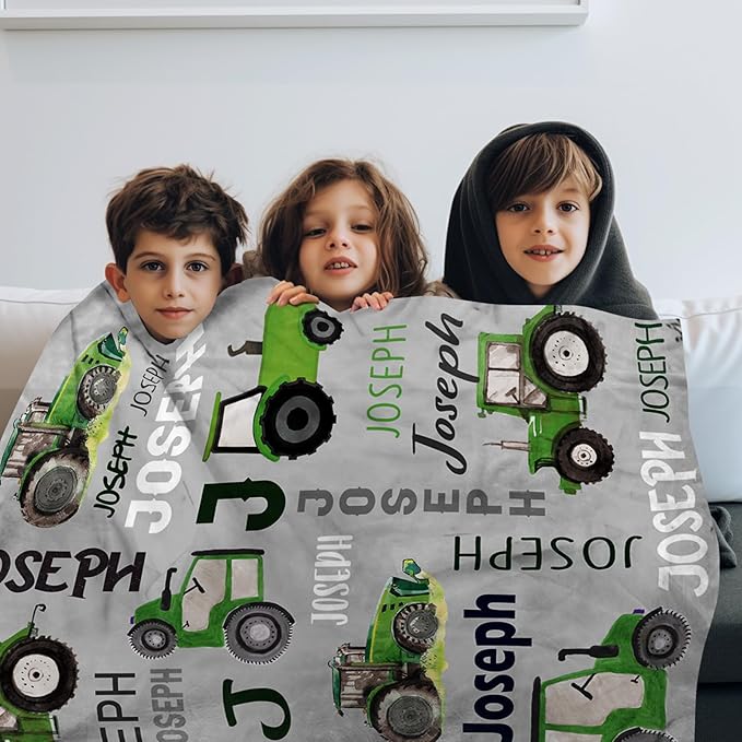 Personalized Tractors Blanket - Custom Name with Farm Tractor Trucks Design - Soft Plush Flannel Bed Blanket for Baby Kid Teen Boys Girls Customized Gifts Light Grey