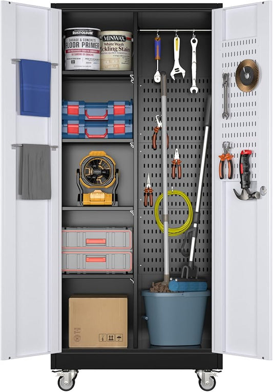 Broom Closet Storage Cabinet with Wheels and Pegboard, Metal Garage Storage Cabinet with Magnetic Doors,Adjustable Shelves for Garage Home Office,Required Assembly,Black and White,71"H×15.75"D×31.5"W