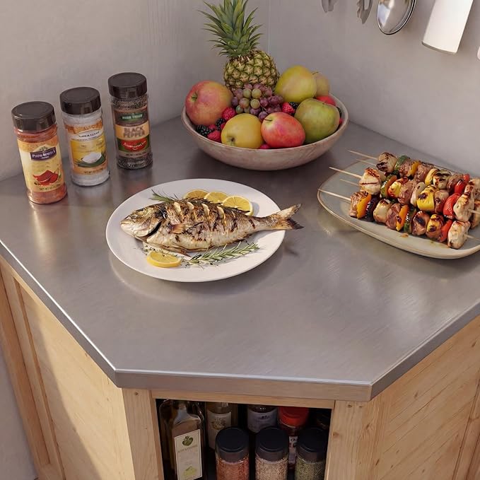MOUMON Corner Patio Kitchen Storage Cabinet with Stainless Steel Countertop, Solid Cedar Patio Prep Table for Grilling, Outdoor Cooking Station, Oak 35.4”W x 35.4”D x 37.4”H