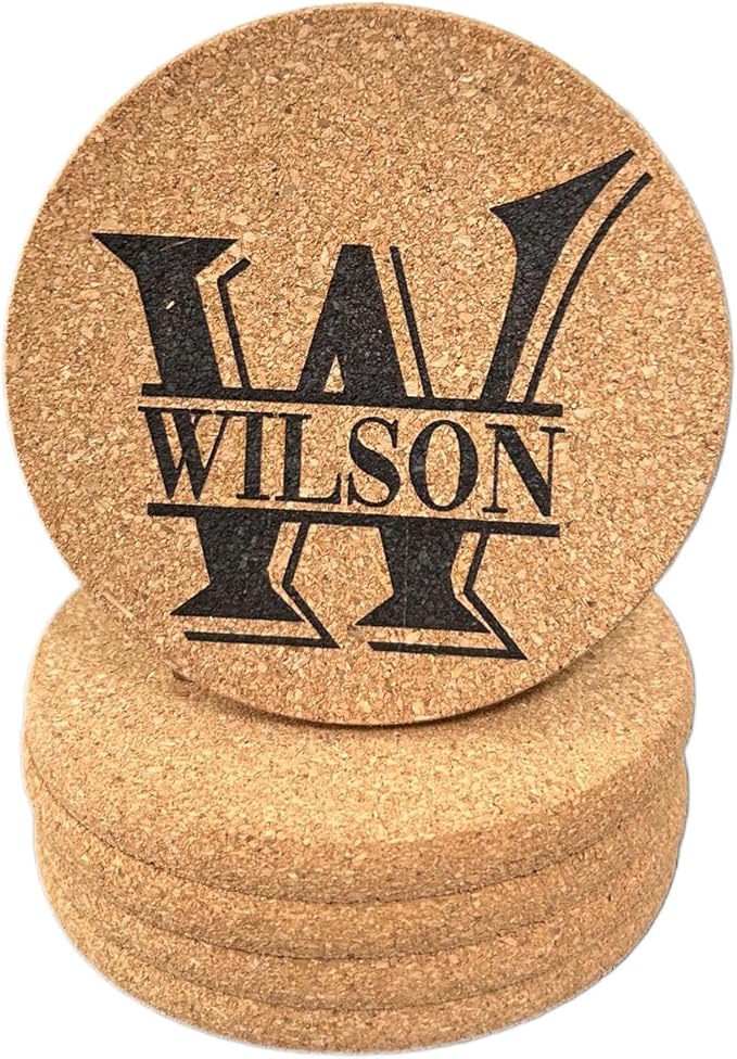 Set of 5 Personalized Custom Monogram Cork Coasters, Custom Wedding, Housewarming Gifts, Promotional Giveaways (Design #6)