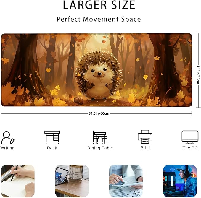 Autumn Forest Hedgehog Gaming Mouse Pad Gifts 31.5" x 11.8", Non-Slip Rubber Base MousePads for Computers Laptop School Office Home Accessories Decor, Mouse Pad, Keyboard Desk Mat