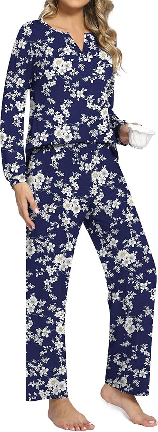 Anyally Women's Plus Size Pajama Sets Ladies Fall Pjs 2 Pieces Lounge Outfits V Neck Long Sleeves Sleepwear with Pockets