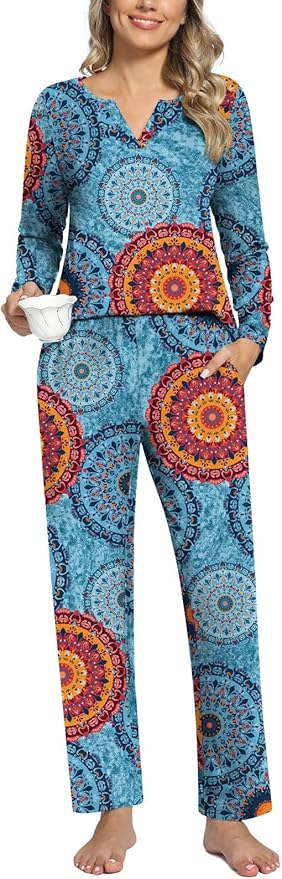 Anyally Women's Plus Size Pajama Sets Ladies Fall Pjs 2 Pieces Lounge Outfits V Neck Long Sleeves Sleepwear with Pockets