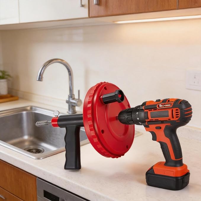 Drain Auger, Plumbing Snake Drain Hair Clog Removal Tool Use Manually or Powered for Bathtub Drain, Bathroom Sink, Kitchen Cleaning with Gloves(20ft/6M-Red)