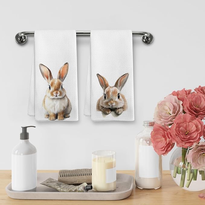 Funny Bunny Rabbit Kitchen Towels and Dishcloths Sets of 2, Bunny Nursery Decor Gifts, Fall Woodsy Rustic Forest Farm Nursery Decor Dish Hand Tea Towels for Home Bathroom Kitchen, 16x24 Inch