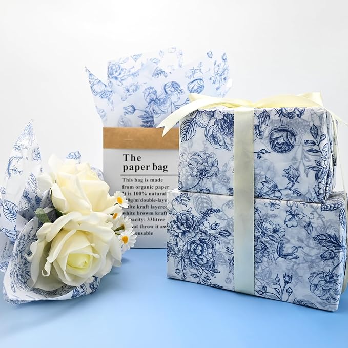 100 Sheets Blue Flower Gift Wrapping Tissue Paper Recyclable Greenery Botanical Packaging Bag for Wedding Birthday Showers Art Craft Party Favor Decoration