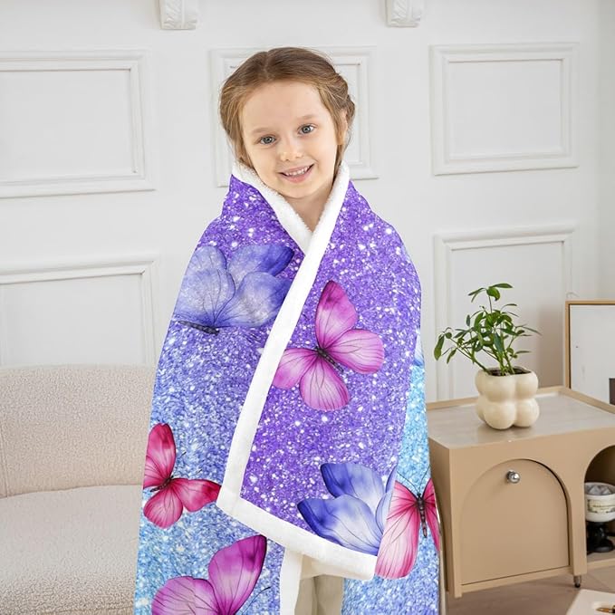 Feelyou Girls Glitter Print Fleece Throw Blanket Baby 30"x40" Kids Blue Purple Butterfly Sherpa Blanket Plush Fuzzy for Bed Couch Chair Living Room, Dreamy Girly Bed Blanket Princess Style Room Decor
