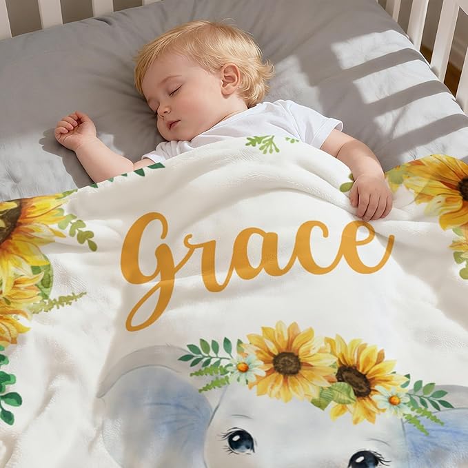 Baby Blankets with Name Sunflower Elephant, Customized Blankets for Newborn Baby, for Boys & Girls, 30"x40"