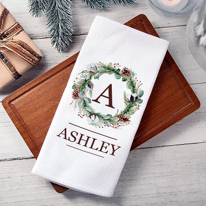 NICEDREAM Custom Name Monogram Christmas Kitchen Towels White Waffle Christmas Wreath Towel Christmas Tea Towels Decorative Hand Towels for Bathroom Personalized Kitchen Christmas Towels