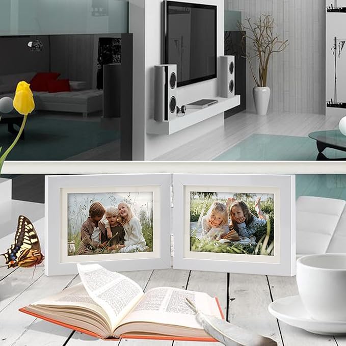 Double Hinged 5x7 Picture Frame with Tempered Glass-Tabletop or Wall Mounted, Display for 4x6 & 5x7 Photos (with/without Mat)-Matte White, For Family Photos & Wedding Memories-B75X2