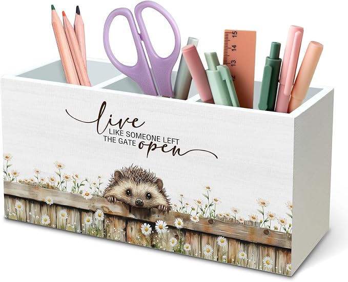 DILSJ Hedgehog Inspirational Pen Pencil Holder Organizer For Desk, Hedgehog Gifts, Rustic Floral Live Like Someone Left The Gate Open Wooden Box Signs For Home Office Desk Tabletop Decoration