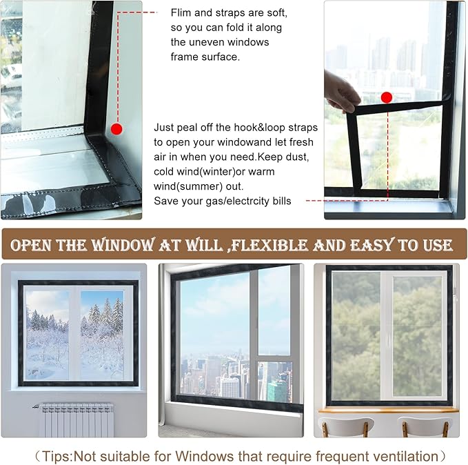 Window Insulation Kit for Winter Adjustable Plastic Insulated Window Cover Sealer Reusable Thermal Thicken Clear Insulation Wrap Transparent Film with Hook and Loop Tape for Winterizing 48'' x 63''