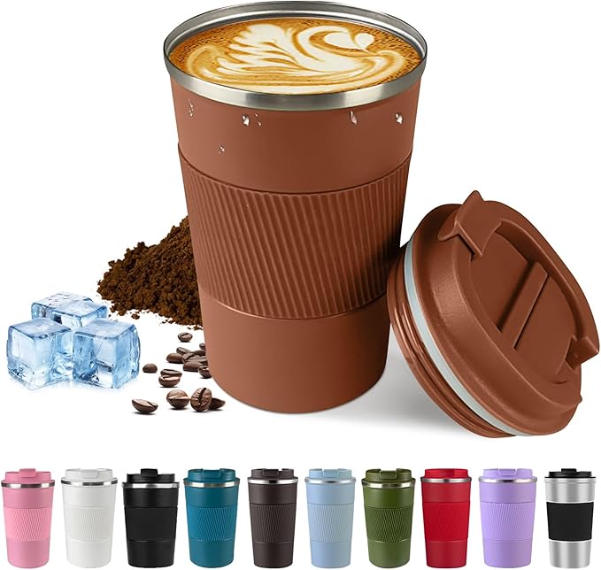 Vacuum-Insulated Stainless Steel Travel Coffee Mug, Leak-Proof Reusable Coffee Cup with Lid-Keep Hot & Cold Drinks for Hours, Durable Insulated Tumbler for Men & Women(3rd-Light Coffee, 12OZ)
