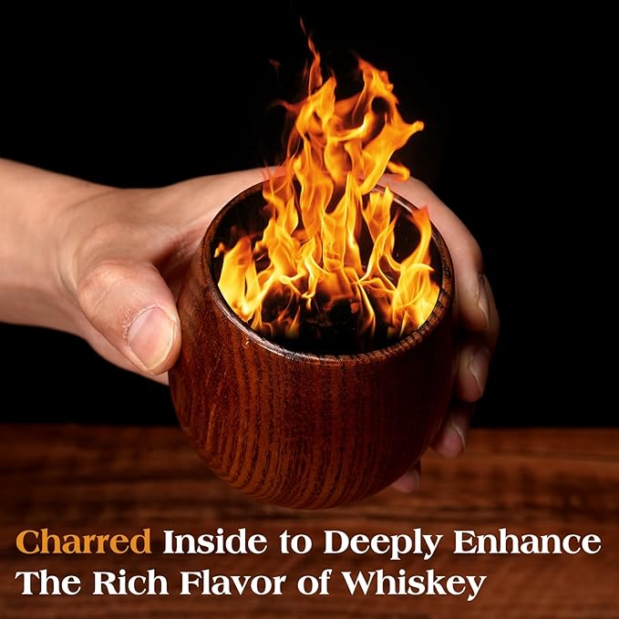 Charred Wooden Bourbon Glass, Include 3 Ice Whiskey Rocks, The Original Wood Bourbon Drinking Cup, Old Fashioned Whiskey Glasses Tumblers, Cool Gift for Men, Dad, Husband, Brother, Friends