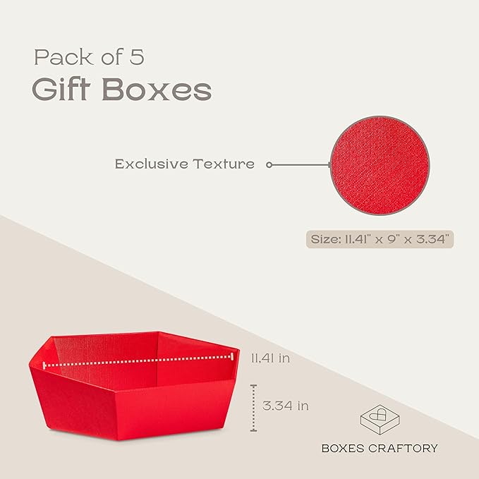 Pack of 5 Baskets for Gifts - Empty Gift Baskets to Fill Ideal for Christmas Gift Baskets and Valentines Day Presents | 11.41" x 9" x 3.34" Red Linen
