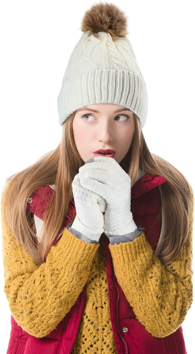 SATINIOR 5 Pcs Winter Hat Scarf Gloves Set Fleece Warm Lined Knit Beanie Hat Touch Screen Earmuff Gloves Warmer for Women(White,Rhombus Pattern)
