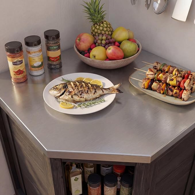 MOUMON Corner Patio Kitchen Storage Cabinet with Stainless Steel Countertop, Solid Cedar Patio Prep Table for Grilling, Outdoor Cooking Station, Dark Grey 35.4”W x 35.4”D x 37.4”H