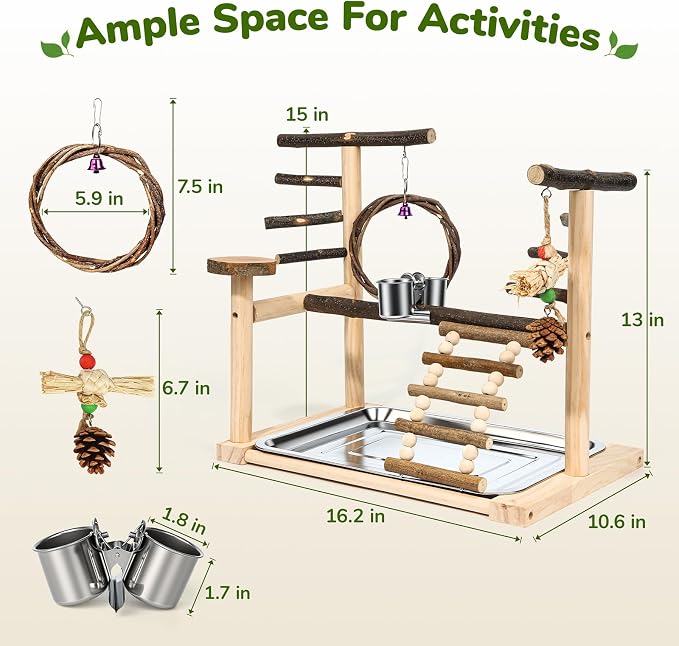 Bird Playground Wooden Parrot Stand for Small to Medium Birds | Feeding Cup, Apple Branch Swing, Chew Toys, Removable Tray, Ideal for Budgerigars, Parakeets, Cockatiels