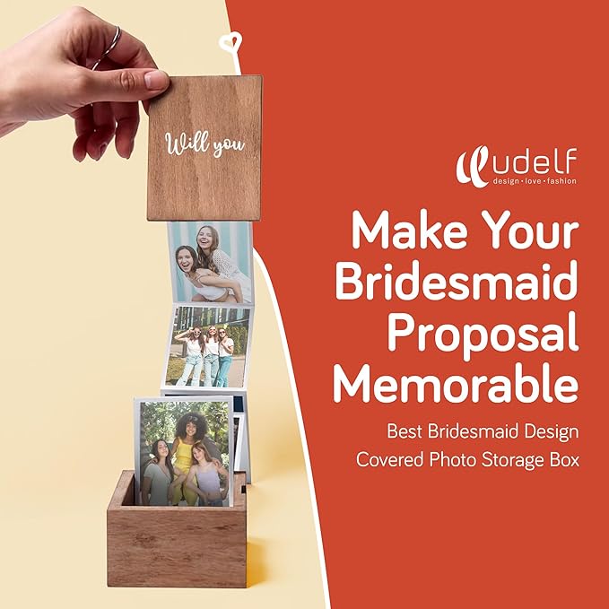 udelf Personalized Wooden Photo Box Gift with Accordion Picture Pull Out | Custom Photo Album Box | Picture Box Gift for Bridesmaid and Maid of Honor Proposal I Holds 14 Photo Prints, 3"x2"