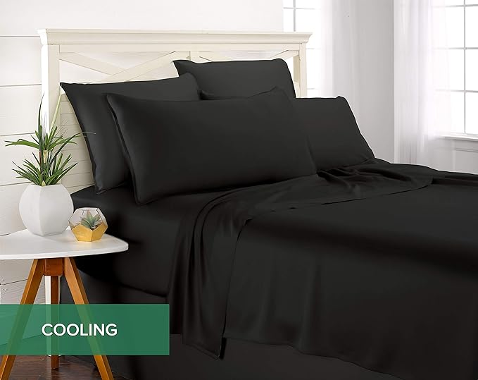 Queen Sheets by Pure Bamboo, Genuine 100% Organic Viscose Derived from Bamboo Bed Sheet Set, Luxuriously Soft & Cooling, Double Stitching, Lifetime Quality Promise (Queen, Black)