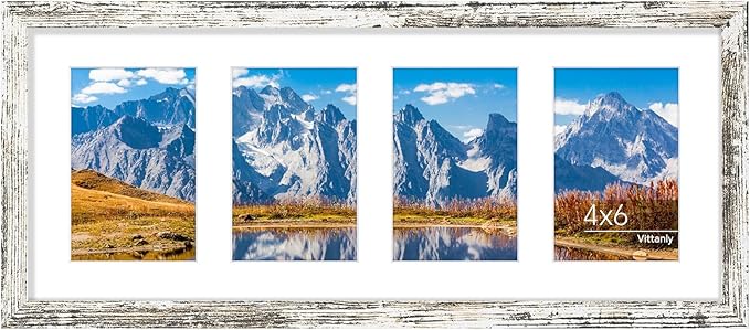 Vittanly 8x20 Collage Picture Frame, Displays 4Pcs 4x6 Pictures with Mat or 1Pcs 8x20 without Mat, Picture Frames Collage Wall Decor for Horizontal or Vertical Display, Distressed White, 1 Pack