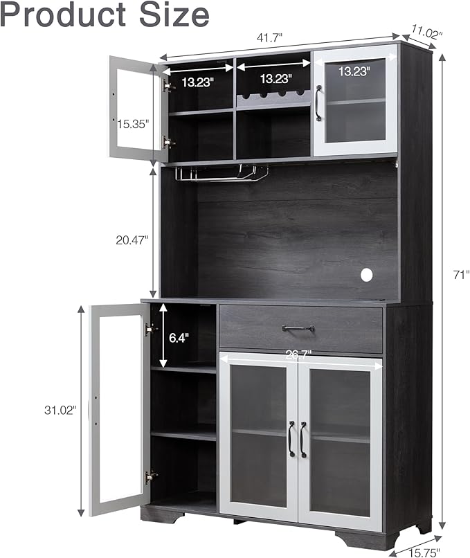 Fatmok 71" Pantry Cabinet with Wine Rack and Charging Station, Set of 2 Tall Coffee Bar Cabinets with LED Lights, Drawer, Adjustable Shelves, Kitchen Hutch Storage, Grey