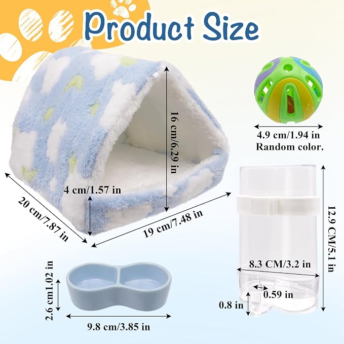 Hedgehog Bed Cave Nest Hideout Hedgehog Accessories Ball Toy Pet Water Dispenser and Pet Bowl, Washable Warm Small Animals House Cage Accessories for Hedgehogs Guinea Pigs Hamsters