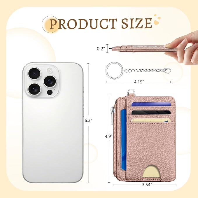 Kelvoris Credit Card Holder Small Wallet Women, Slim RFID, Blush | Keychain, Zipper Coin Pocket, Front Pocket Thin Travel Card Case, Minimalist, 6 Card Slots, 1 ID Window, Ladies Gifts Woman