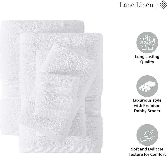 LANE LINEN Towel Set of 18 – 100% Ring-Spun Cotton, Zero Twist, 6 Large Bath Towel, 6 Hand Towels & 6 Wash Cloths, Quick Dry & Long-Lasting, Perfect for Family Bathrooms, Easy Care – White Towels