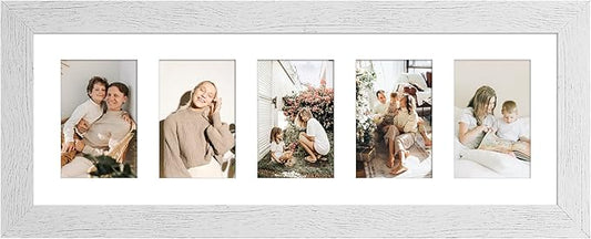 8x24 Picture Frame Display 5 opening 4X6 Picture Frame Collage,Multi Photo Frame with Mat,Plexiglass,Wall or Tabletop Decor,Distressed White Wood Grain