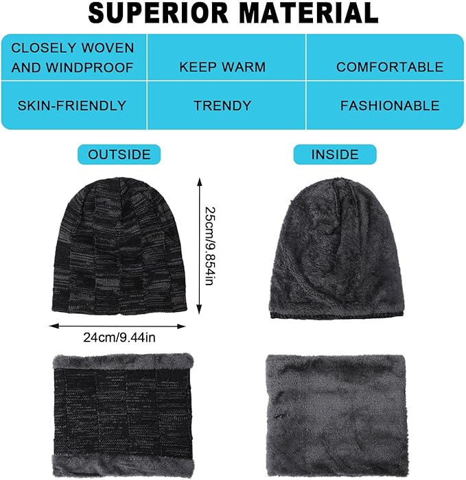 Winter Fleece Lined Beanie Hat Scarf Sock Touchscreen Gloves Set for Men Women