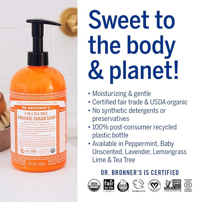Dr. Bronner's - Organic Sugar Soap (Tea Tree, 64 Ounce) - Made with Organic Oils, Sugar and Shikakai Powder, 4-in-1 Uses: Hands, Body, Face and Hair, Cleanses, Moisturizes and Nourishes, Vegan