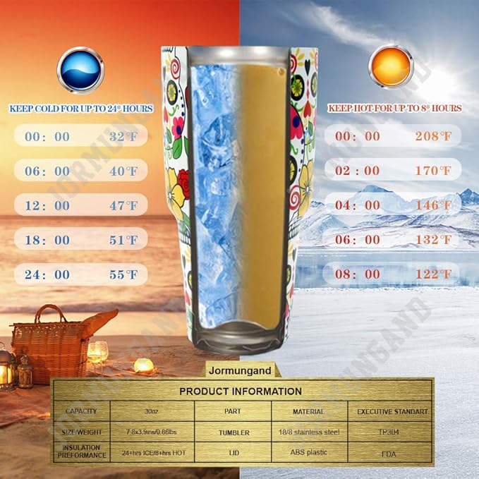 Jormungand 30 oz Tumbler Stainless Steel Vacuum Insulated Travel Mug with Leak Proof Lid Double Wall Coffee Cup Water Bottle for Cold Beverages 30oz tumbler Sugar Skull