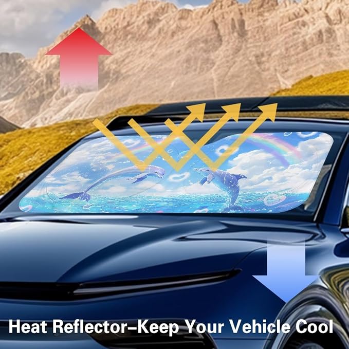 Cute Dolphin Front Window Sunshades Foldable Front Windshield Sun Shade for Heat Protection Blocking Harmful UV Rays & Heat