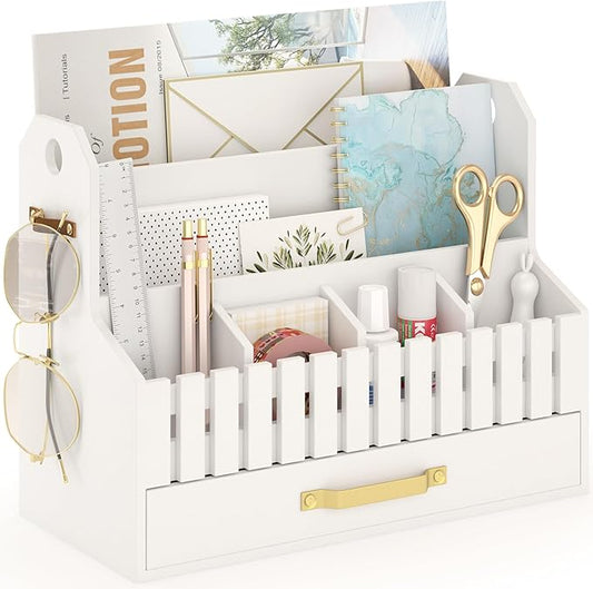 Bamboo Mail Organizer Countertop with Drawers, Wood Desk File Organizer Desktop Paper Organization Storage Bill & Letter Sorter Holder for School Home Office Supplies, No Assembly Required (White)