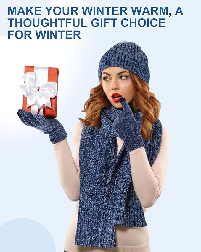 Geyoga 6 Pcs Winter Knit Set Beanie Hat Long Scarf Touchscreen Gloves Ear Muff Socks Warm Valentine Gift for Women Men Snow(Blue,Classic Style)